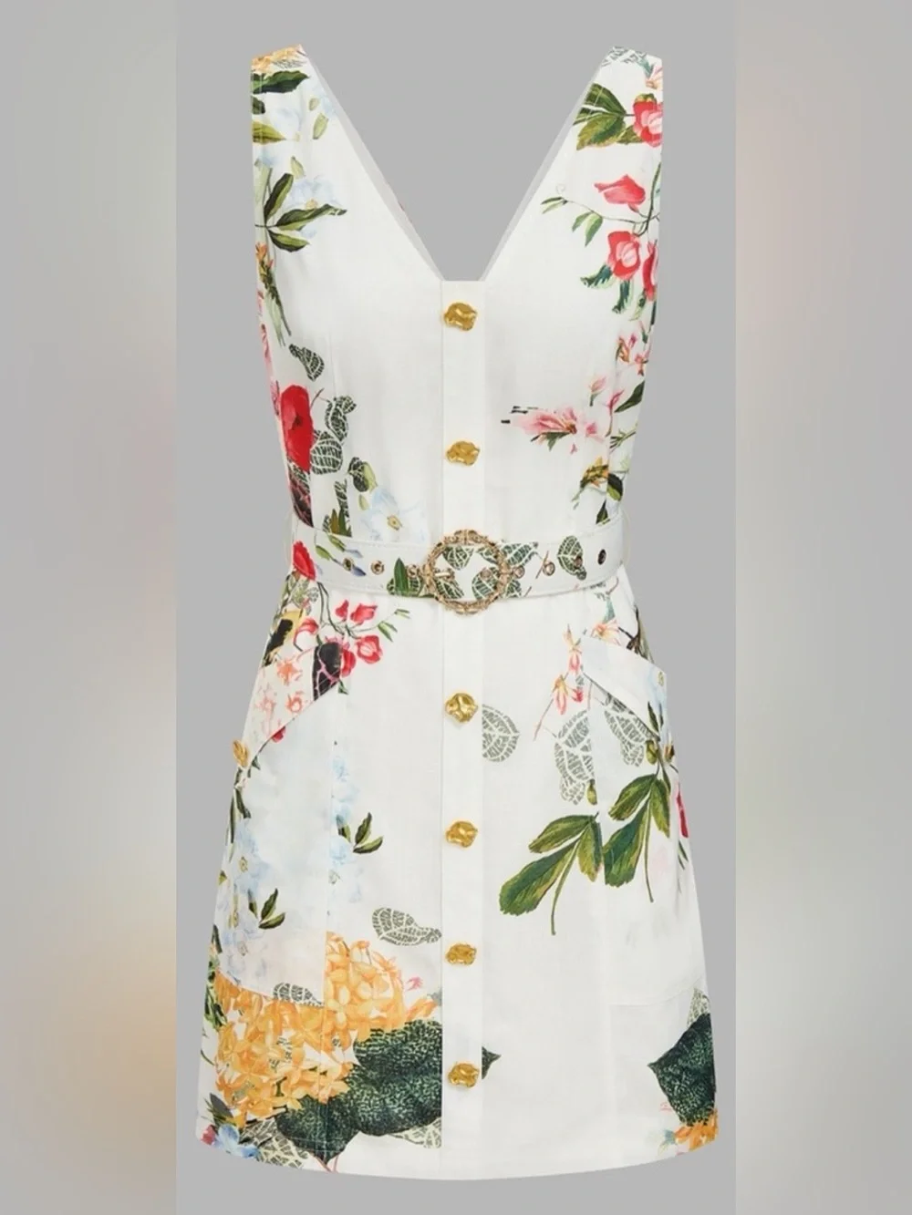 Commense White Floral Belt with Gold-Tone Buckle